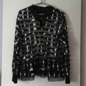 Beautiful MARC CAIN Black + White Organza Sheer Panel Pullover Blouse 4 L/XL